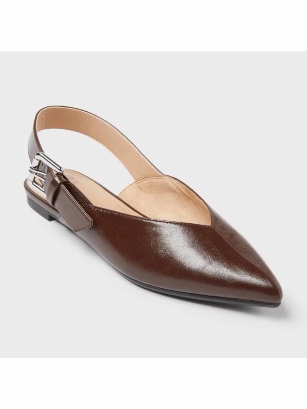 a new day Pointed-Toe Brown Leather Slingback Flats